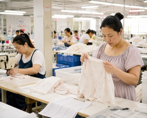 Garment worker inspecting loungewear during bulk production quality control