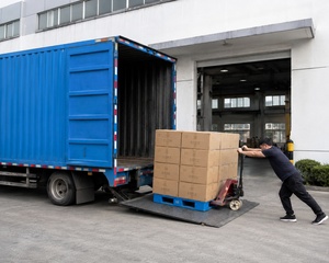 Cartons being loaded for shipment from a garment production facility