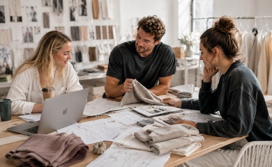 Growing apparel brand team discussing fabrics, sketches and loungewear samples