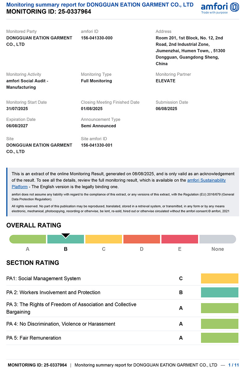 amfori Social Audit for Manufacturing – Overall Rating B