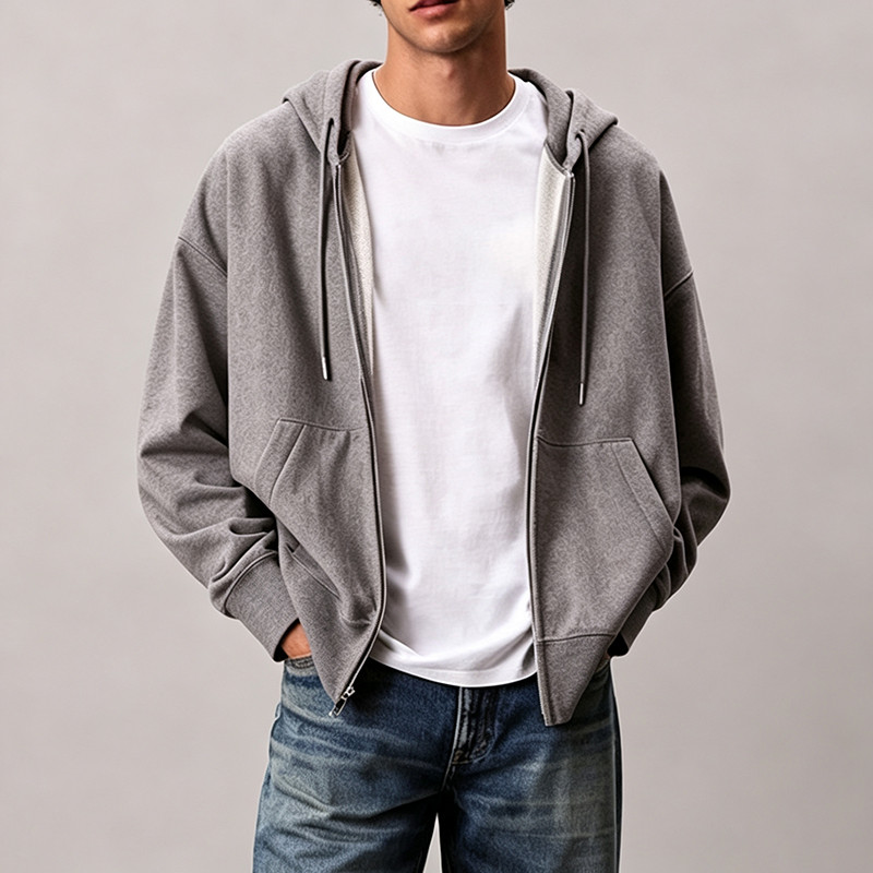 Grey oversized full zip hoodie with drawstring hood