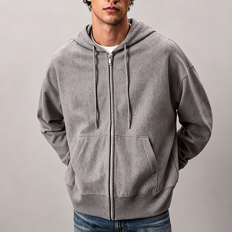 Grey oversized French terry zip hoodie front view