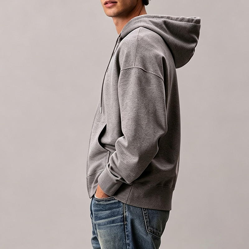 Side view of grey oversized zip hoodie
