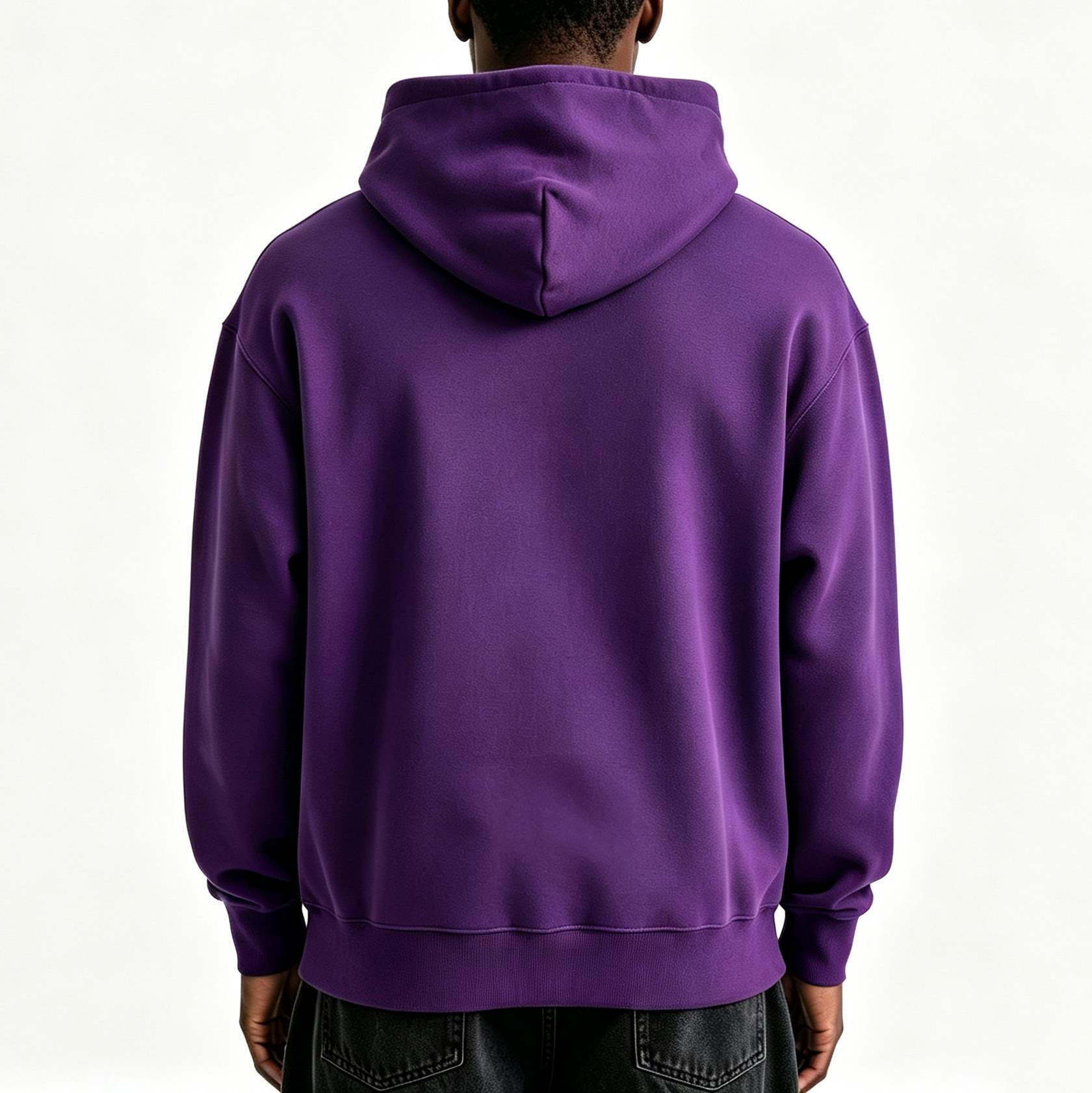 Back view of purple oversized hooded sweatshirt