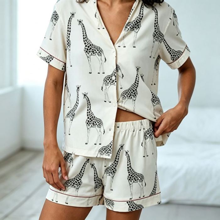Custom Women's Giraffe Print Short Pajama Set | Private Label Sleepwear