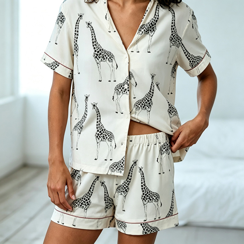 White giraffe print women's short pajama set