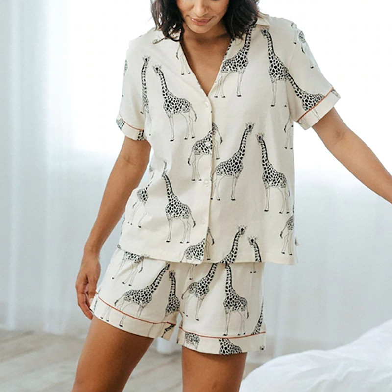 Button-front giraffe print pajama top and elastic-waist shorts