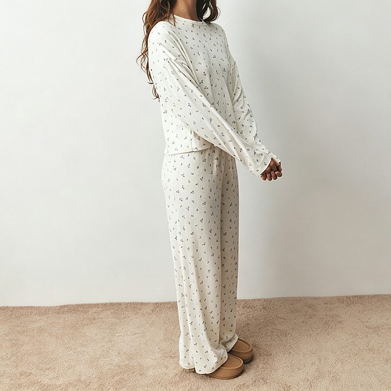 Cream floral openwork knit long-sleeve pajama set