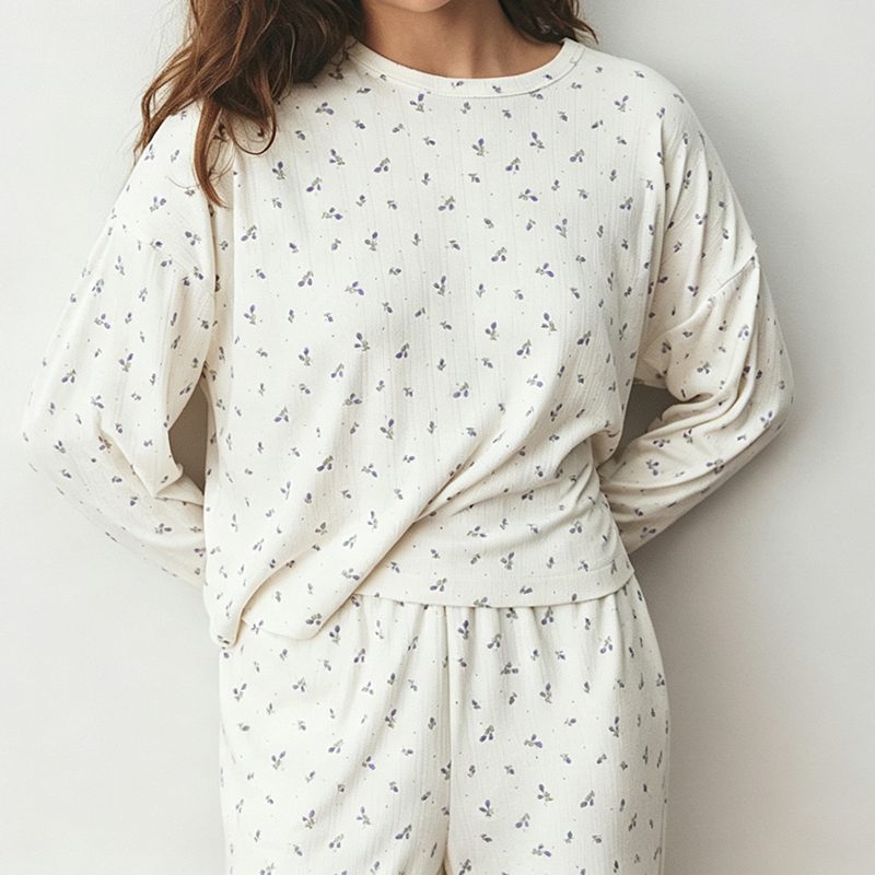 Cream floral crew-neck long-sleeve pajama top and pants