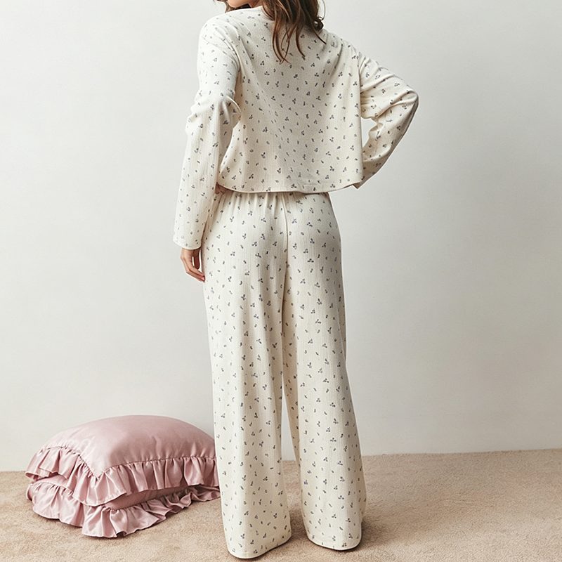 Back view of cream floral long-sleeve sleepwear set