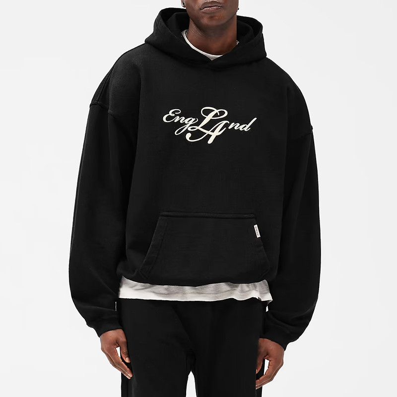 Black vintage embroidered oversized pullover hoodie front view
