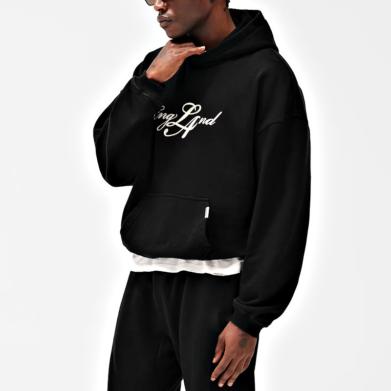 Black streetwear hoodie with English-letter chest embroidery and kangaroo pocket