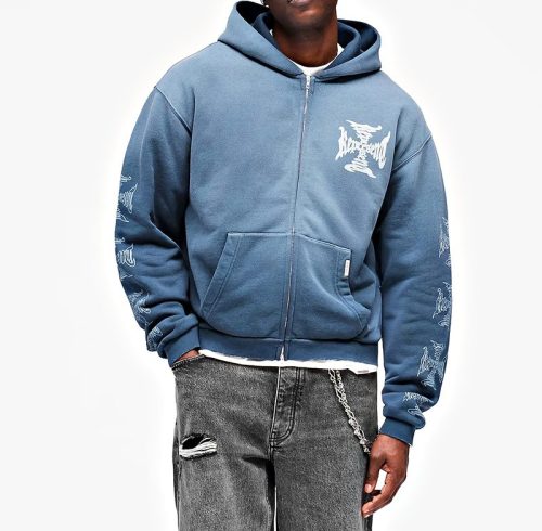 Oversized Blue Graphic Full-Zip Hoodie with Kangaroo Pocket | Streetwear OEM