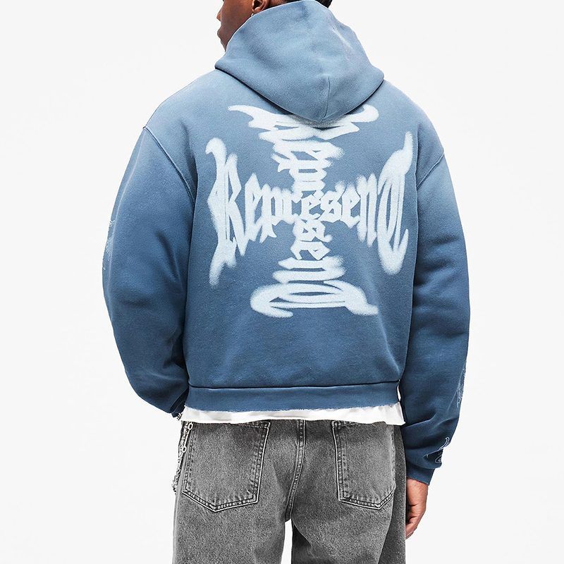 Back view of blue graphic oversized zip hoodie