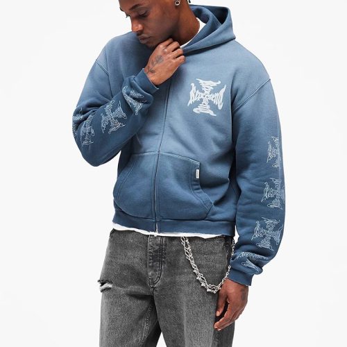 Oversized Blue Graphic Full-Zip Hoodie with Kangaroo Pocket | Streetwear OEM