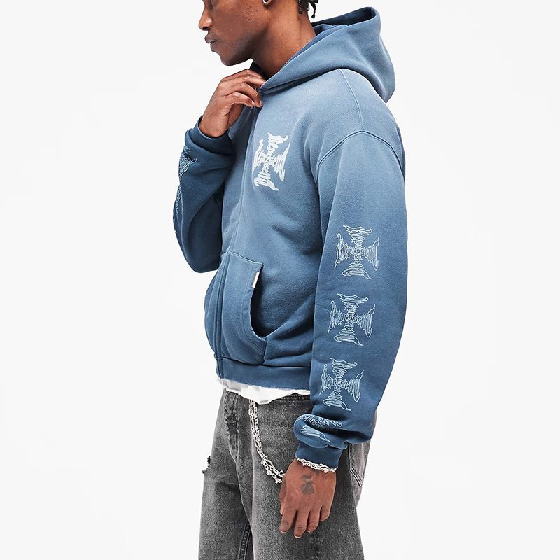Side view of blue graphic streetwear zip hoodie