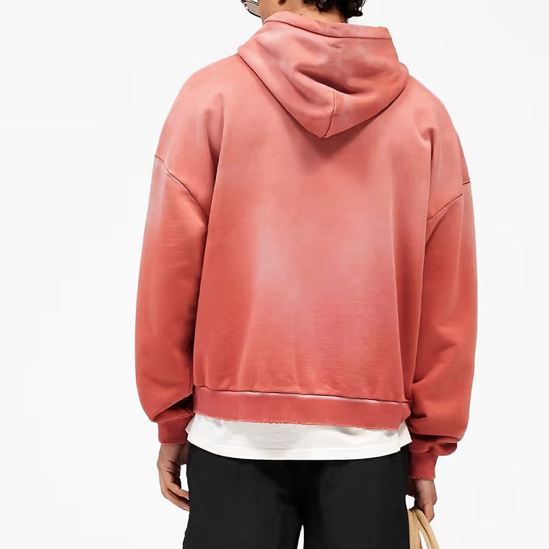 Plain back view of rose drop-shoulder hooded sweatshirt