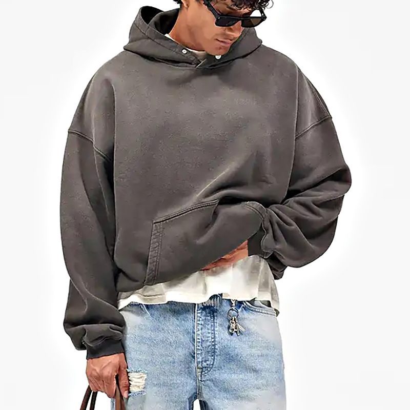 Front view of grey-brown cropped fleece hoodie with snap-front hood