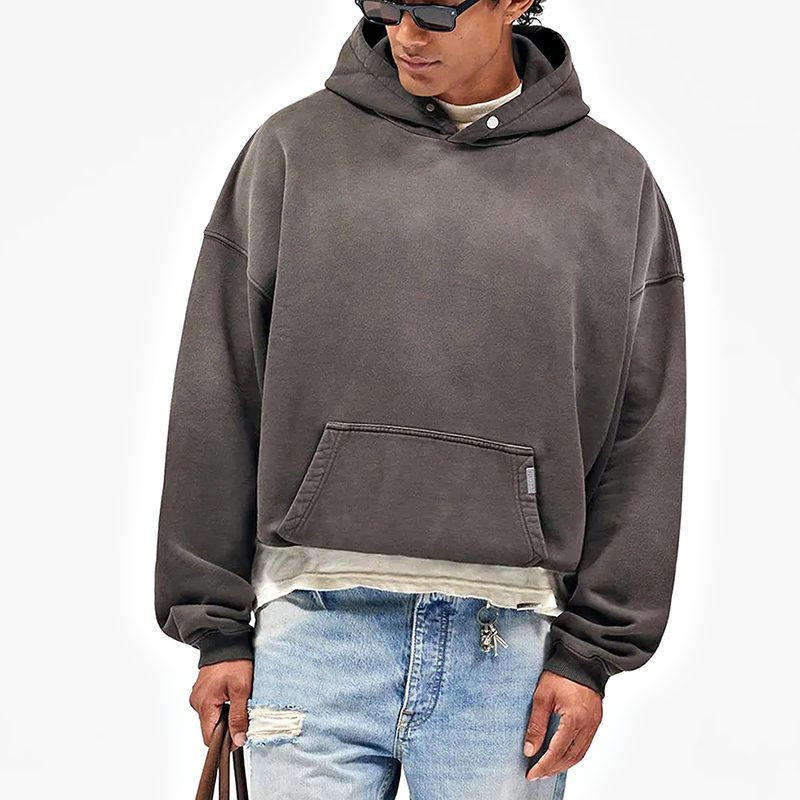 Grey-brown garment-dyed fleece hoodie with kangaroo pocket