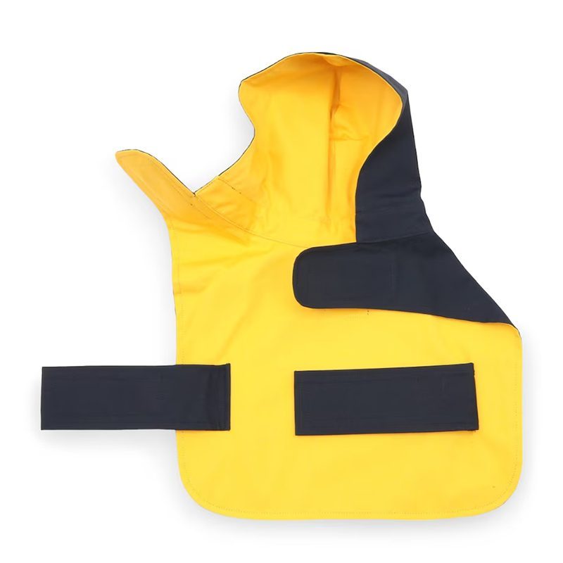 Yellow inner side and hook-and-loop fastening on hooded dog raincoat