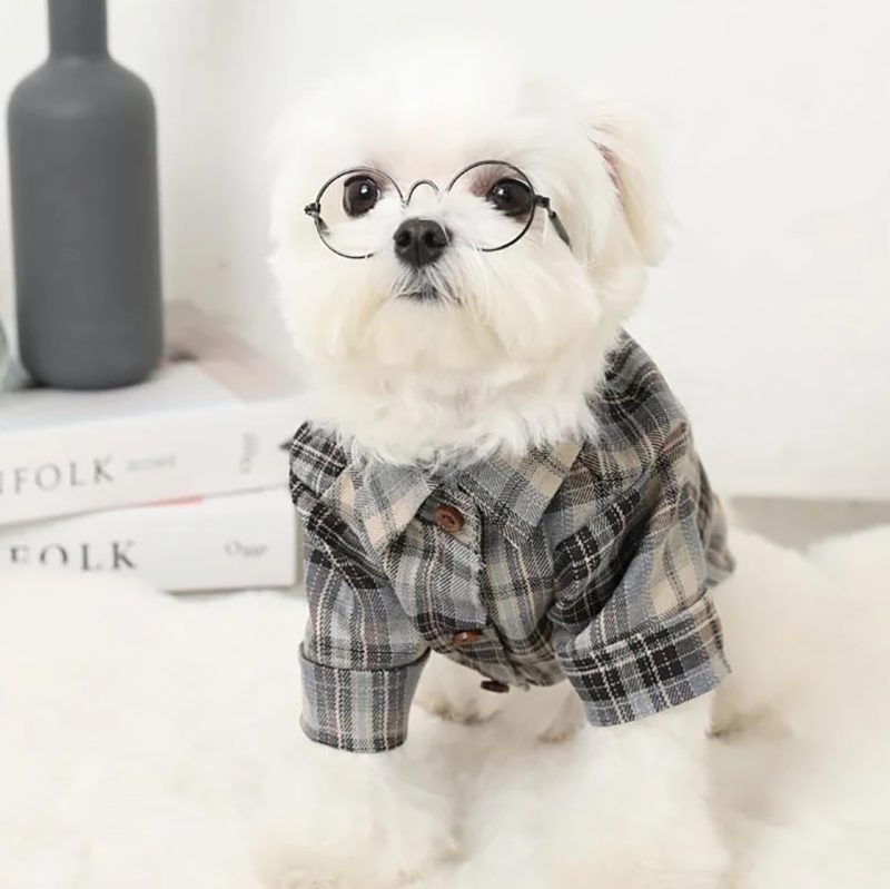Front view of grey plaid long-sleeve dog shirt with fold-over collar