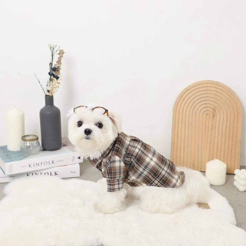 Brown and black plaid dog shirt with button front
