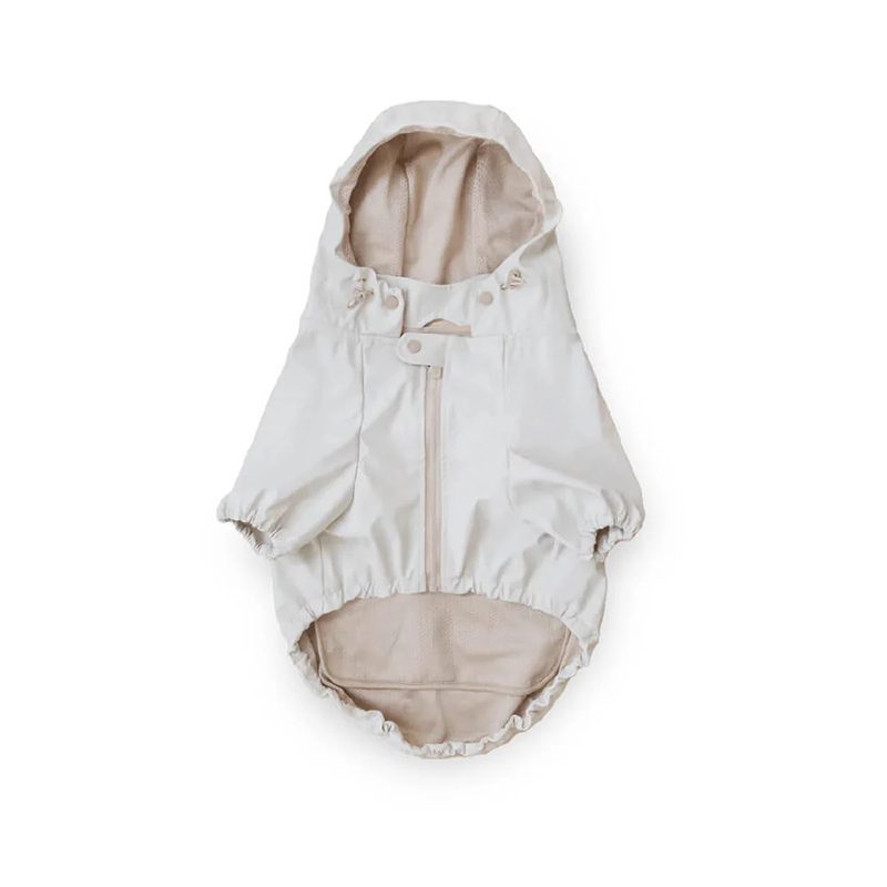 Off-white hooded dog raincoat front view with zipper and elastic cuffs