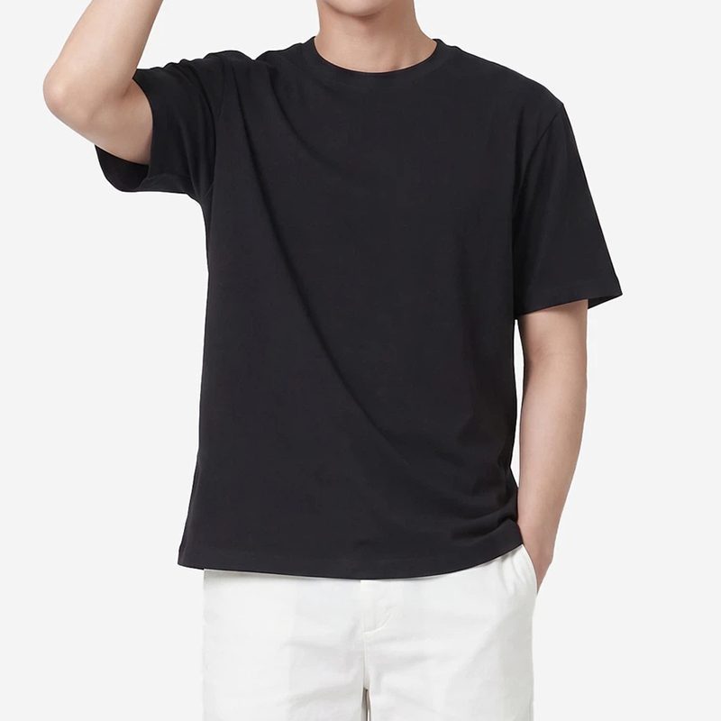 Unisex black regular-fit crew neck T-shirt worn front view