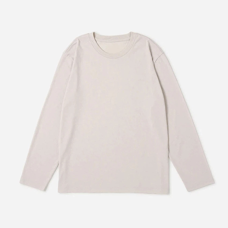 Plain front view of light beige long sleeve crew neck T-shirt