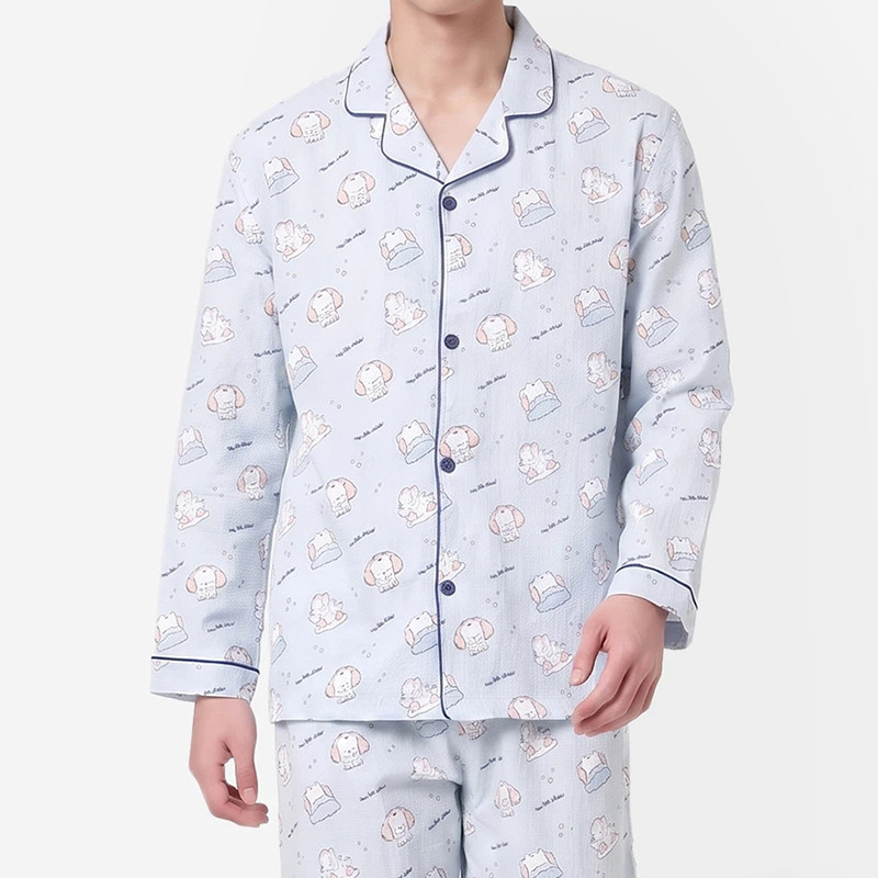 Light blue printed long sleeve pajama top with dark blue piping