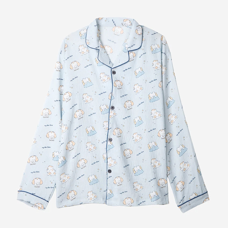 Front view of printed button front pajama top