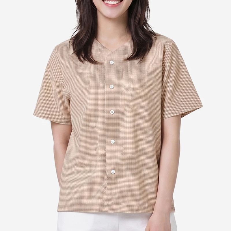 Women's brown and white gingham short sleeve pajama top