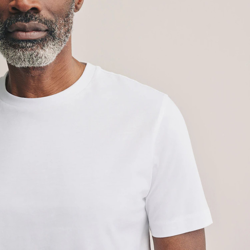 Close-up of white crew neck T-shirt neckline