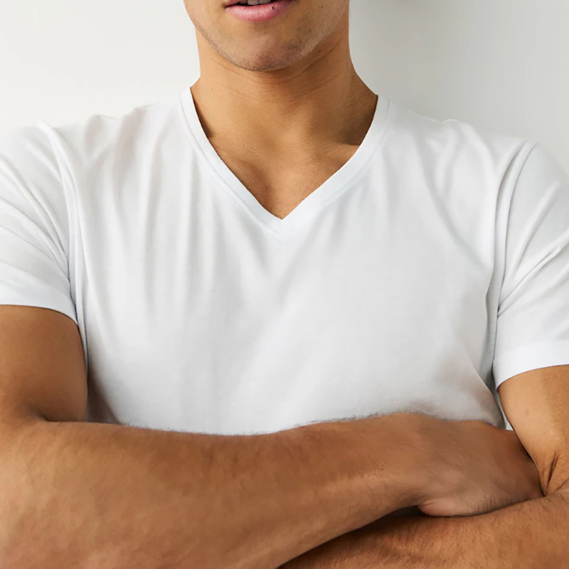 Close-up of white V-neck T-shirt neckline