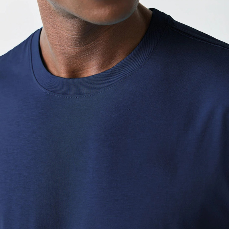 Close-up of navy blue ribbed crew neckline