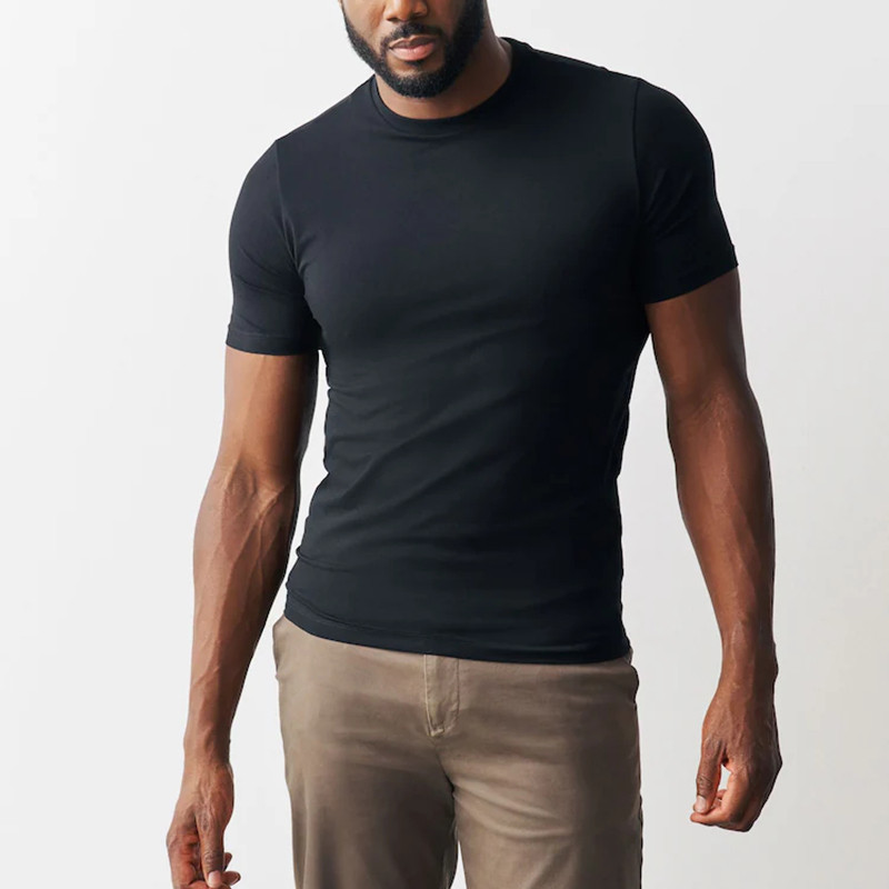 Black fitted crew neck short sleeve T-shirt front view