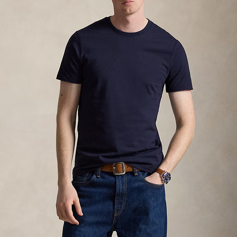 Navy slim fit polyester knit crew neck T-shirt front view