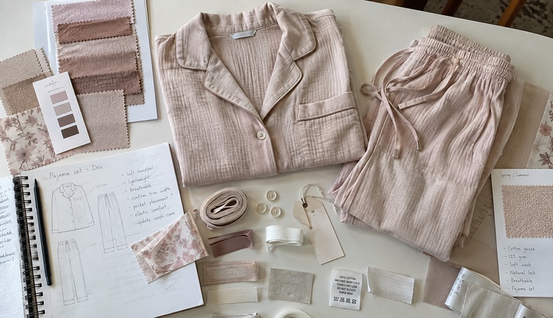 Neutral-tone women’s pajama set with fabric swatches, buttons, labels and trims