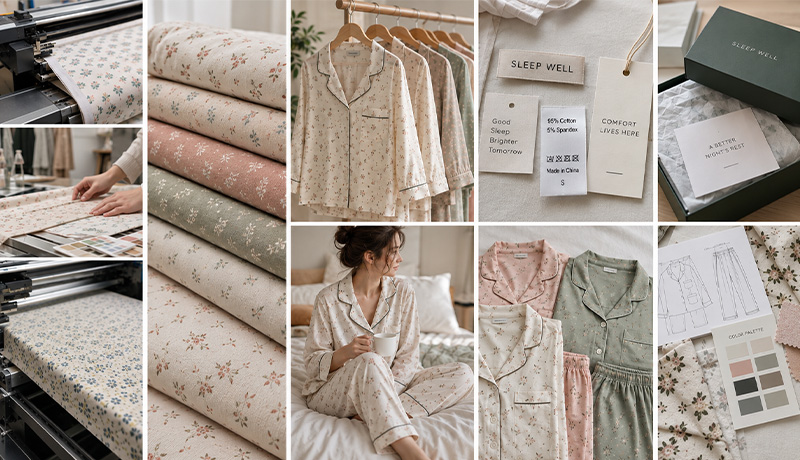 Custom floral sleepwear development with printing, labels, packaging and finished pajama sets