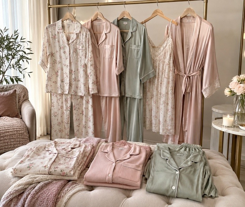 Women's pajama sets, nightdress and robe displayed as a coordinated sleepwear collection
