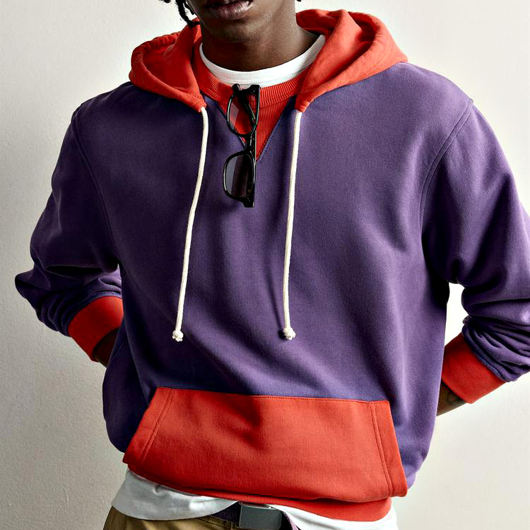 Purple and orange color block hoodie front view