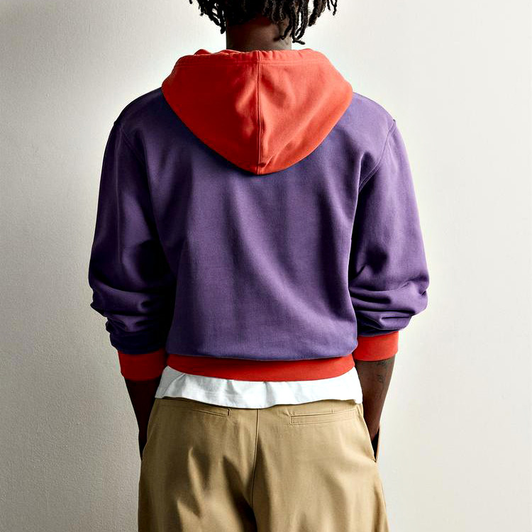 Purple and orange color block hoodie back view