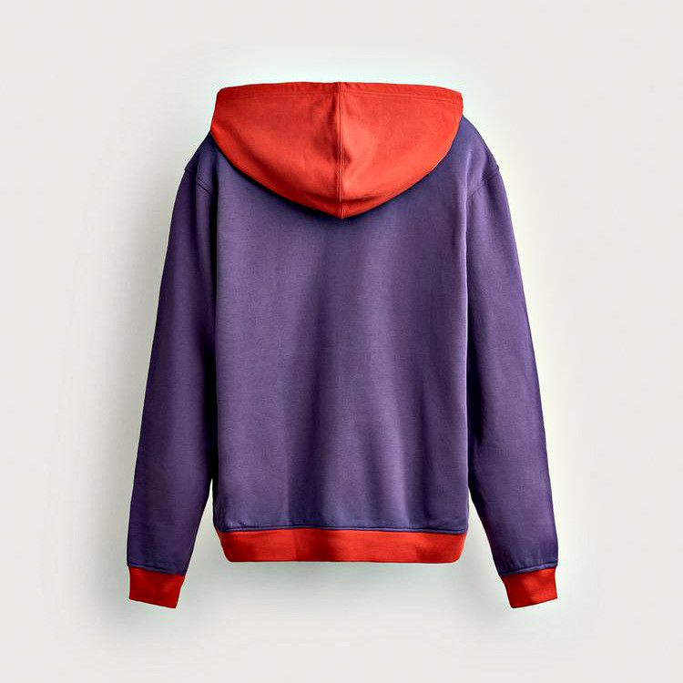 Purple and orange color block hoodie back flat view