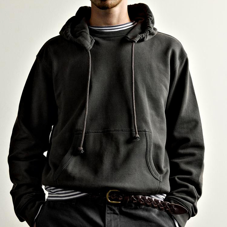 Charcoal pullover hoodie with ribbed crew neckline front view