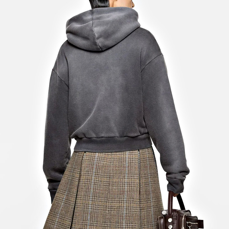 Back view of charcoal polyester zip hoodie