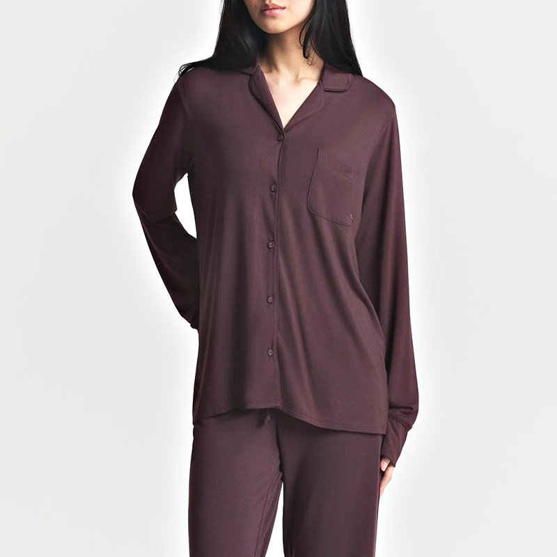 Burgundy long-sleeve button-front pajama set front view