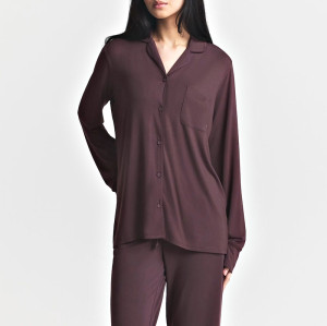 Burgundy Button-Front Pajama Set Manufacturer | Long-Sleeve Piped Trim