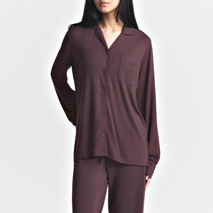 Burgundy Button-Front Pajama Set Manufacturer | Long-Sleeve Piped Trim