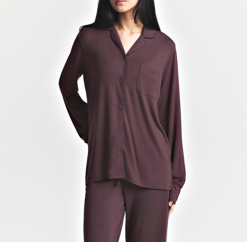 Burgundy Button-Front Pajama Set Manufacturer | Long-Sleeve Piped Trim