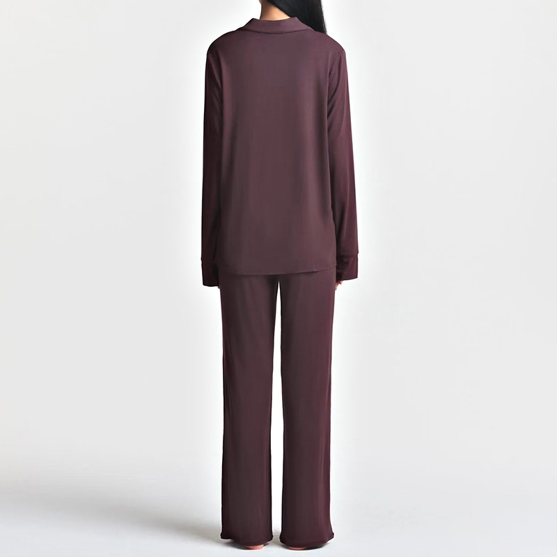 Burgundy pajama top and straight-leg pants back view